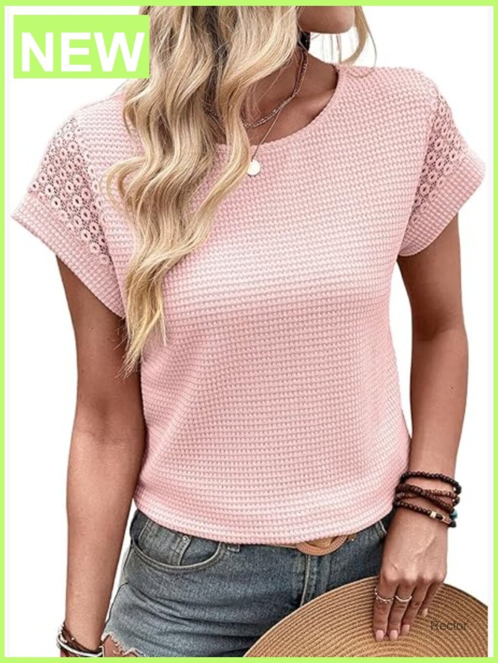 Waffle Knit Lace Sleeve Short Sleeve Tee Blouse